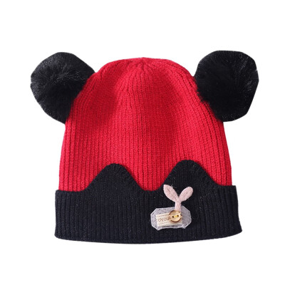 

Newborn Hat Toddler Kids Baby Warm Winter Wool Hat Cartoon Print Knitted Beanies Fur Hat With Plush Balls 0-24M