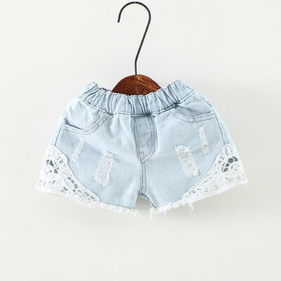 

2-12Y Girls Lace Hole Jeans Shorts Cowboy Kids Girls Cute Shorts Jeans Short Lace Pocket Denim Shorts Children