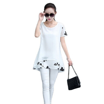 

Liva girl long Chiffon Blouse&tops Women Clothing Short Sleeve floral Print Patchwork White Tops o-neck loose Shirts tops