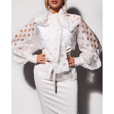 

Women Bowknot Polka Dot Blouse Shirt Tops Lantern Long Sleeve Work Party T-shirt