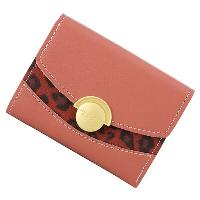 

Lady Leopard Patchwork Round Button Trifold Short Wallet Faux Leather Coin Purse