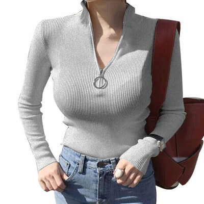 

Fashion Solid Colors Womens Long Sleeve Slim Knitted Zipper Turtleneck Sweater Jumper Pullover Tops female clothes pullover