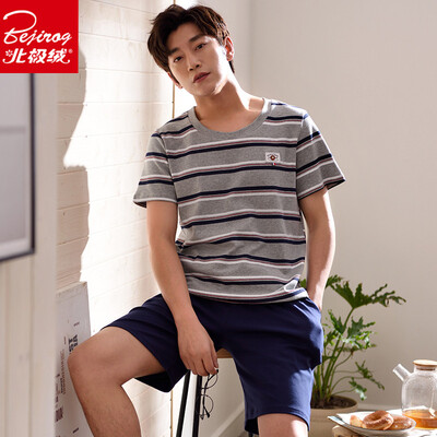 

Arctic velvet mens pajamas summer short-sleeved cotton thin section out loose  summer youth cotton suit home service 2004 blue