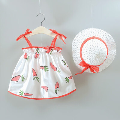 

Summer Girls Cartoon Print Bow Princess Cute Sweet Sleeveless Sling Cotton Dress With Hat 2pcs 0-24M Cute Newborn Baby Clothes