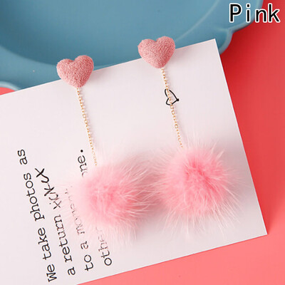 

Sweet Cute Love Heart Mink Hair Ball Earrings Female Korean Version Earrings Taseel Pendant Earring Women Jewelry