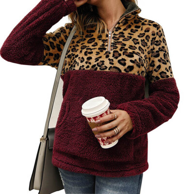 

goldstrings Womens Long Sleeve Half Zip Up Leopard Print Patchwork Fleece Pullover Tops Stitching Top Sweaters