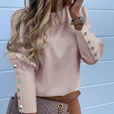 

Fashion T Shirt Women Round Collar Tshirt Button Spring Solid Color Loose Long Sleeve Casual Simple Wild T-Shirt