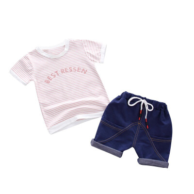 

Summer Baby Boy Adorable Stripe Letter Print Short Sleeve T-Shirt Blouse Shorts Casual Outfits Clothes