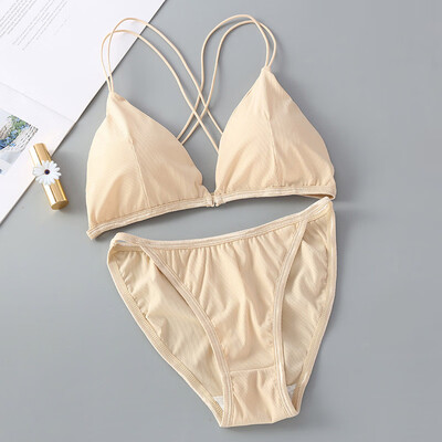 

Women Ice Slik Bra Set Front Closure Knitted Cross Back Padded Wireless Seamless Sexy Bralette&Brief New