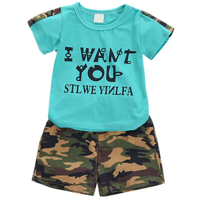 

2PcsSet Summer Children Baby Boys Casual Short Sleeve Letter Print T-shirt TopsCamouflage Shorts Suits Costume Set