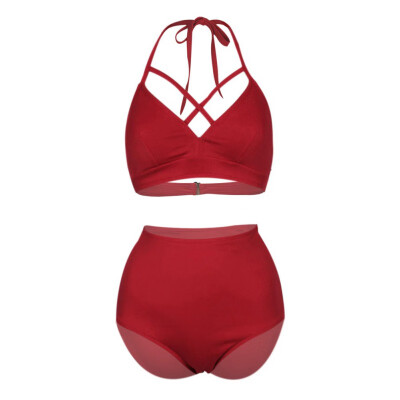 

Sexy Sweet Bikini set Solid Color Simple High Waist Bikinis 2019 Women Halter Cross Strap Bandage Split Bikini Set Swimsuit