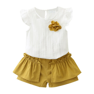 

Summer Baby Girls Clothes Cute Flare Sleeve Solid Print T-shirt TopsShorts Suits 2pcs Kids Clothes Set