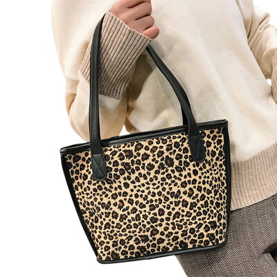 

New Fashion Women Faux Suede Handbag Leopard Print Solid Large Capacity Shopping Shoulder Bag Tote BlackBrownKhaki