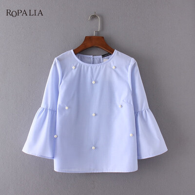

Fashion Summer Pearl Casual Shirt Tops Women Flare Sleeve Loose Blouses