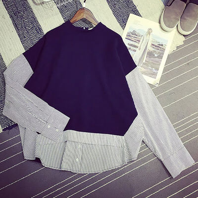 

Korean Style Fake Two Pieces Patchwork Long Sleeve Women Sweatshirt 2018 New Autumn Casual Stand Collar Pullovers Tops Female
