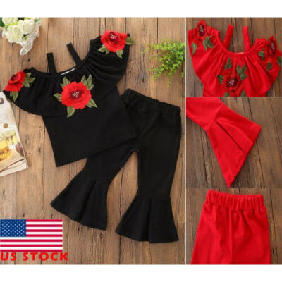 

US Kids Baby Girls 2PCS Clothes Embroider Flower TopsBell-bottoms Pants Outfits