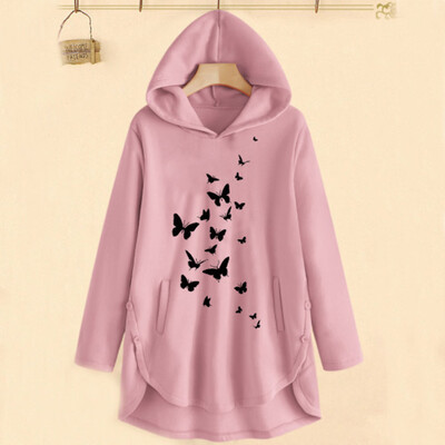 

Tailored Women Loose Casual Cartoon Print Irregular Hem Hooded Sweatshirt