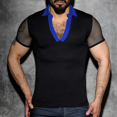 

Toponeto Fashion Mens Summer Patchwork V-Neck Mesh Fit Sport Short Sleeve Top Blouse