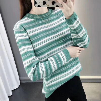 

New Knitted Striped Round Neck Contrast Color Irregular Long-sleeved Sweater Women
