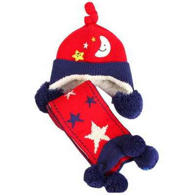 

Baby Girls Boy Toddler Kids Winter Scarf Hat set Star&Moon Wool Knitted Crochet Earflap Cap Scarf