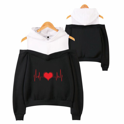 

Tailored Women Off Shoulder Electrocardiogram Print Fake Two-Piece Hooded Sweatshirt