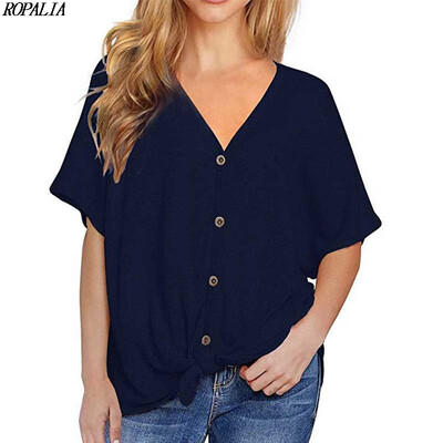

Summer Batwing Short-sleeved Knit T-Shirts V-neck Hem Twisted Button Top Fashion Novel Womens Clothing