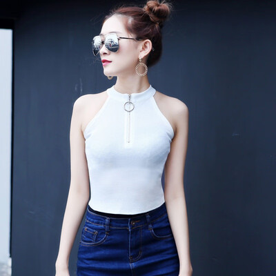 

Wild Off Shoulder Sequined Zipper Halter Camis Summer Tops For Women Sexy Short Tees BlackWhite Color Basic Crop Top Women