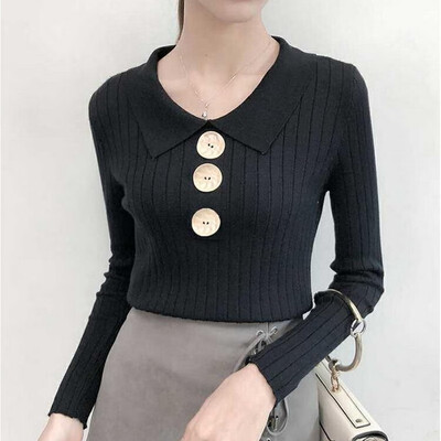 

women sweater autumn turn-down collar long sleeve winter clothes Korean style new knitted casual solid elegant Pullover