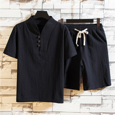 

Toponeto Summer Fashion Mens Cotton And Linen Short Sleeve Shorts Set Suit Tracksuit