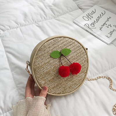 

New Fashion Cherry Decor Women Straw Bag Round Straw Rattan Woven Shoulder Bag Handbag Summer Beach Crossbody Bags