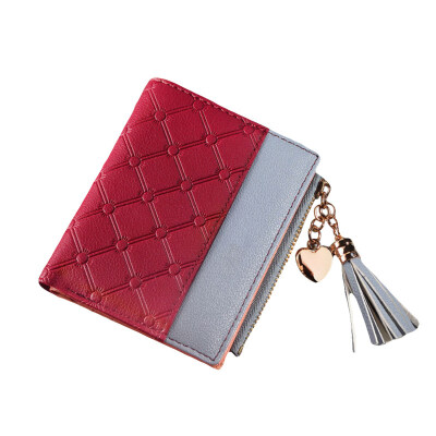 

Women Color Block Embossed Heart Pendant Zipper Wallet Card Holder Short Purse