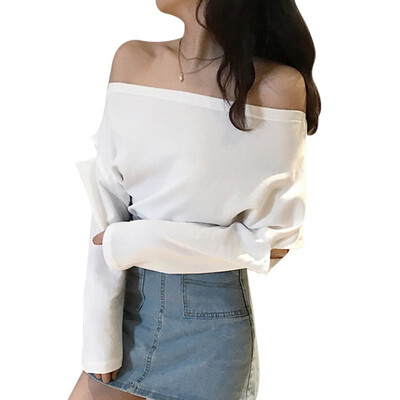 

Autumn Women T-shirt Sexy Slash Neck Loose Solid Color T-shirt Thin Long-sleeved T-shirt