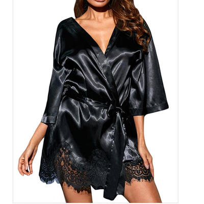 

Sexy Women Nightwear Lace Satin Silk Sexy Belt Tie Lace Sexy Homewear Sleepwear Robe For women Plus Size Robe