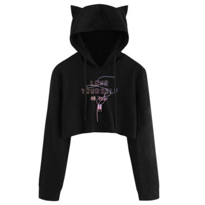 

BTS Cat ear print drawstring Long Sleeve Cropped Hoodies Sweatshirt Women Cat Hooded Pullover Crop Tops Clothes harajuku KPOP