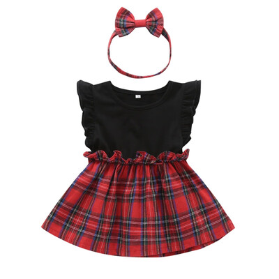 

Baby Girls Dress Sets Kids Flare Sleeve Patchwork Design Plaid Pattern Fashion Dresses Casual Sundress With Headband