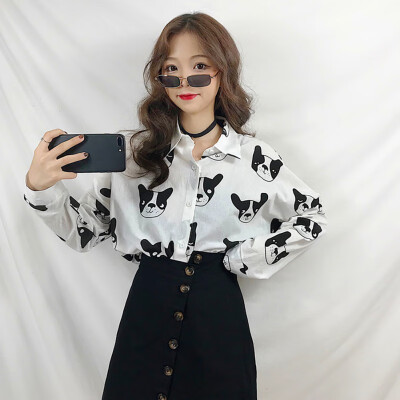 

Harajuku Ins Summer Women Blouse Retro DOG Print Loose Long Sleeve Shirt 2019 New Fashion Shirt Female