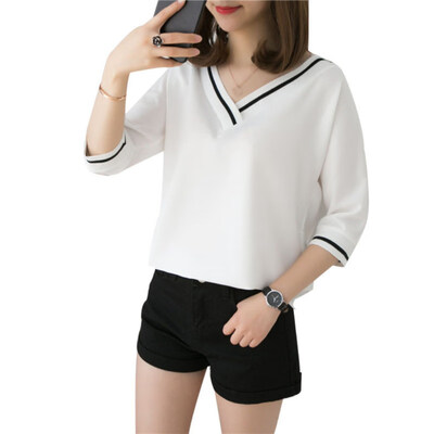 

Casual Women Solid Color Striped V Neck 34 Sleeve T-Shirt Summer Loose Top