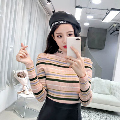 

Fashion Stripes Print Women Sweater Autumn Winter New Slim Long-Sleeved Round Neck Sexy Slim Bottom Knit Sweater