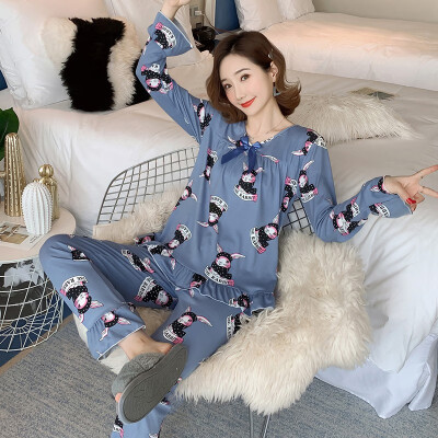 

Autumn Women Pajamas Sets Flower Print Fashion Bow Luxury Female Faux Silk Two Pieces Shirts Pants Nighties Sleepwear