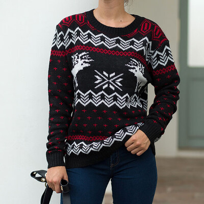 

2019 New Autumn Winter Women Fashion Casual Christmas Elk Snow Ugly Sweater Long Sleeve Round Neck Knit Tops Loose Sweater