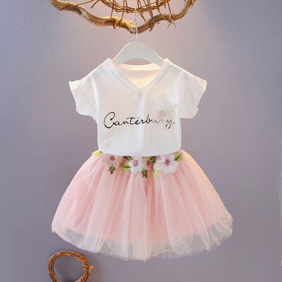 

Children Girls Tutu Skirt Casual Summer Letter Short Sleeve T-shirtFloral Pompom Skirts Suits 2Pcs Costume Set Kids Clothes