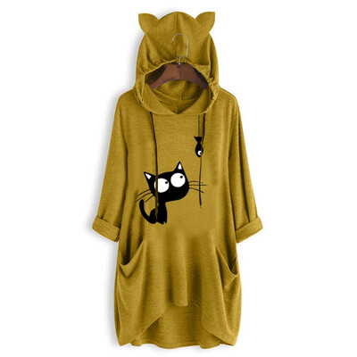 

Tailored Women Casual Print Cat Ear Hooded Long Sleeves Pocket Irregular Top Blouse Shirt