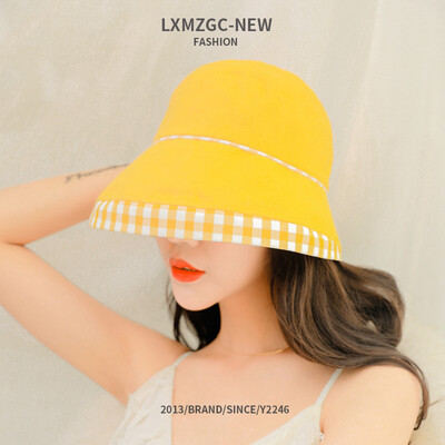 

Womens new hat Korean version of the eaves plaid 100 fishermens hat summer outdoor travel sunscreen sunroof basin cap
