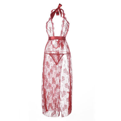

Women V Neck Nightdress Long Dressing Gown Sexy Lingerie Lace See Through Nightgown Backless Sleepwear with G-string