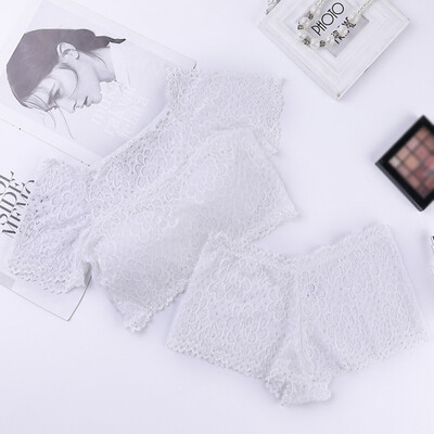 

Women Underwear Set Off-the-shoulder High-elastic Mesh Anti-glare Female Vest Underwear Set Short-sleeved Vest Boxer