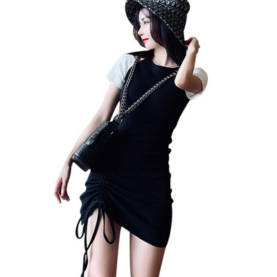 

Fashion Dress Sexy Strapless Short-sleeved Dress Stitching Color Long-sleeved Drawstring Dress