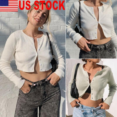 

US Sexy Women Long Sleeve Rib Crop Top Solid Color Button Sexy Casual Crop Tops
