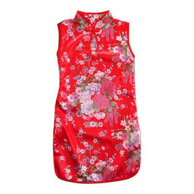 

WEIXINBUY Chinese Style Dress Girls Sweet Princess Dresses Cute Sleeveless Floral Print Vestidos