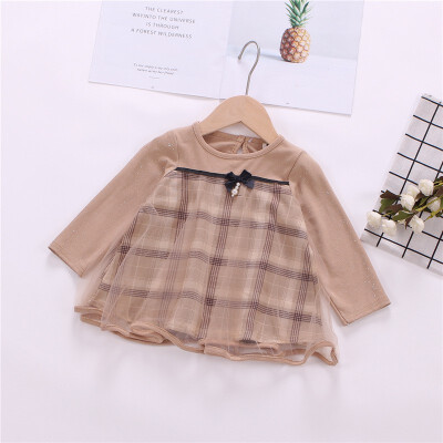 

Autumn Long Sleeve Patchwork Plaid Dress Baby Girls Kids Casual Mesh Bowknot Toddler Pageant Princess Dress