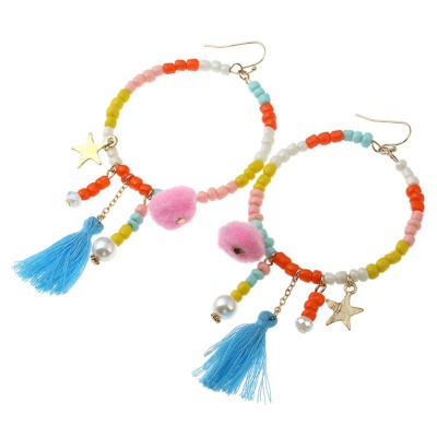 

Womens Girls Bohemian Tribal Colorful Bead Dangle Hoop Earrings